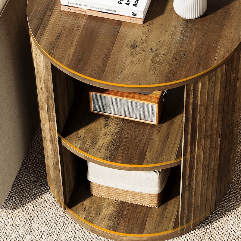 3-Tier Round End Table, Farmhouse Round Side Table with Fluted Design