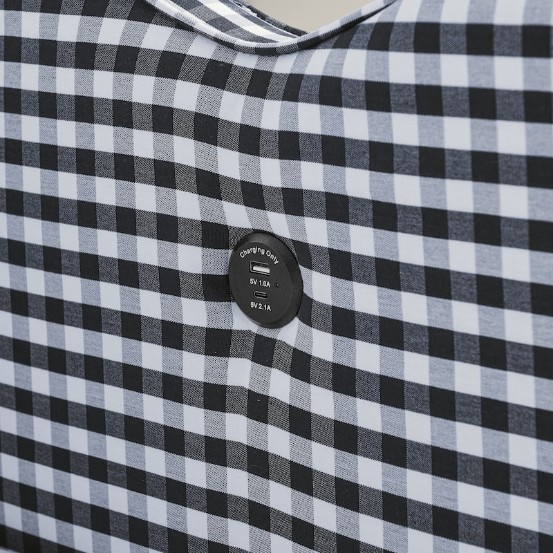 Full Size Gingham Daybed with Twin Trundle, USB Port, Wave Shaped Design & Linen Fabric - No Box Spring Needed