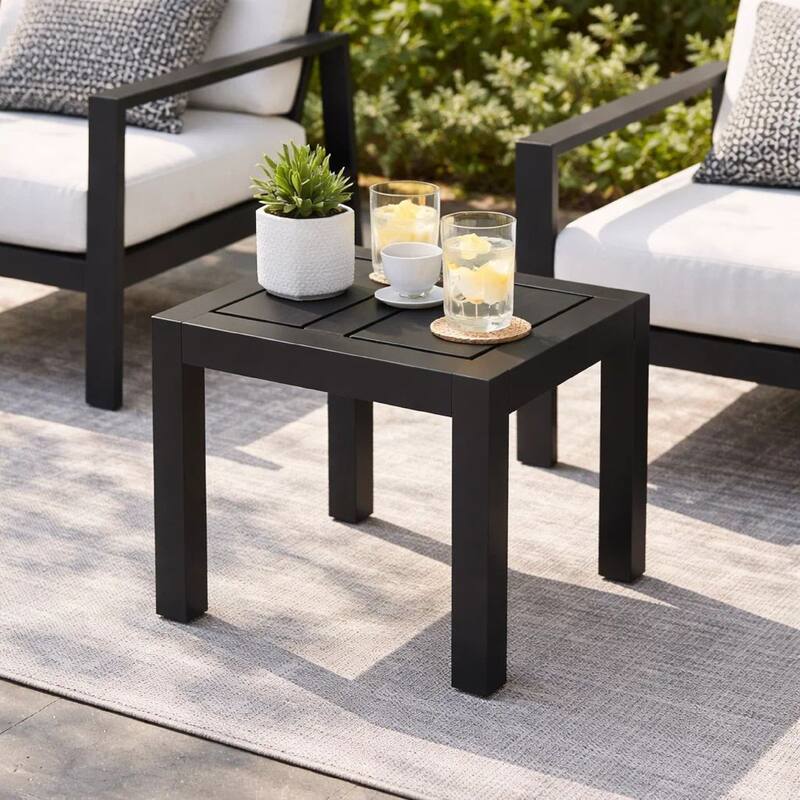 Josh 18 Inch Side End Table, Polyresin Planks, Jet Black Aluminum Frame