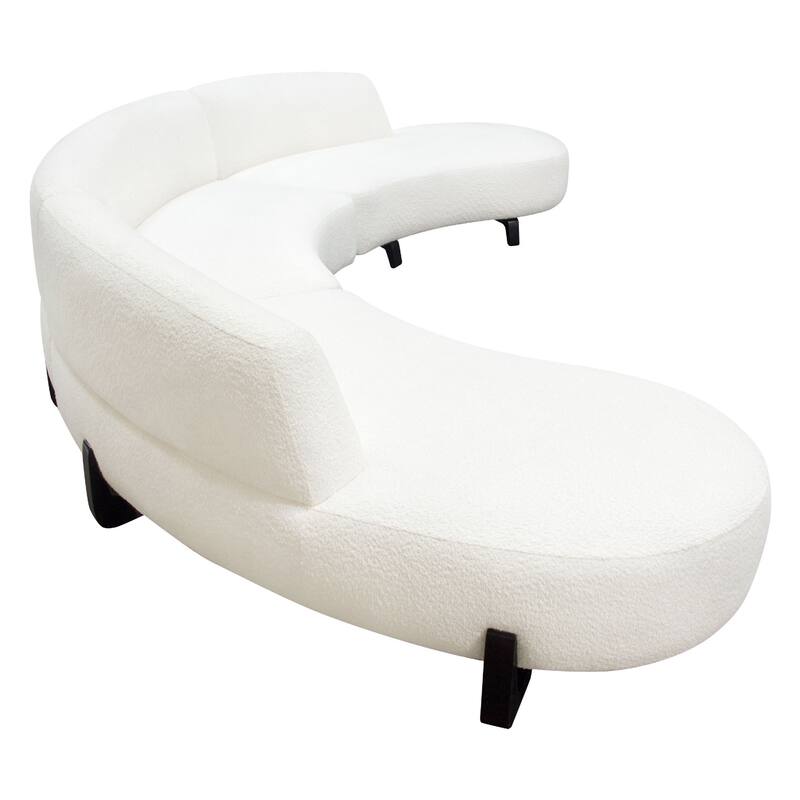 Ikka 3pc Modular Curved Sofa w Chaise, White Faux Shearling, Black Wood