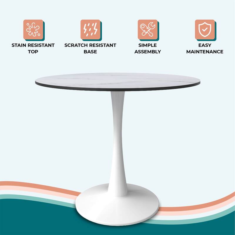 Bristol 31" Modern Round Solid Wood Top Dining Table with Glossy Black or White Steel Pedestal Base for Kitchen & Dining Room