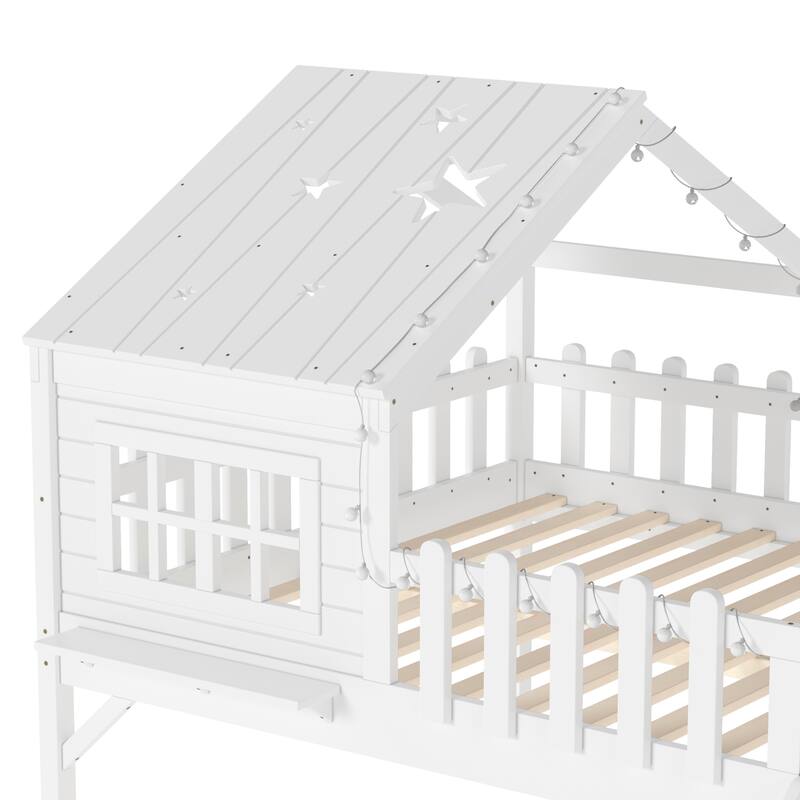 Full Size House Loft Bed with Slide,Playhouse Bed with Star Moon-shaped Designs and Window, Chic Design with LED Lights