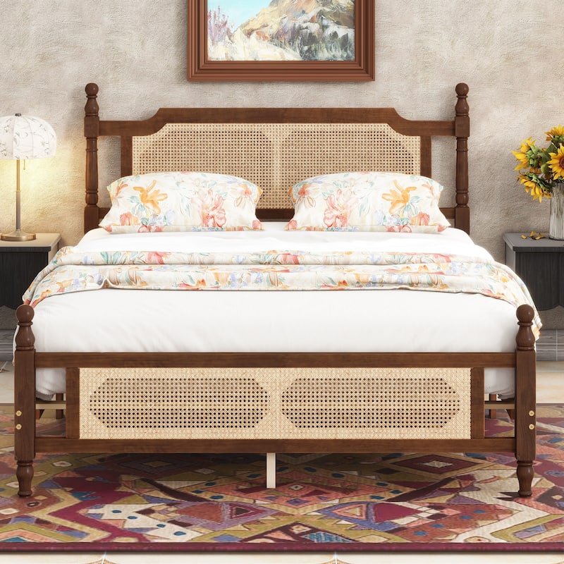 Pine wooden Bed with Rattan Headboard and Footboard, with Central Enhanced Bed Platform