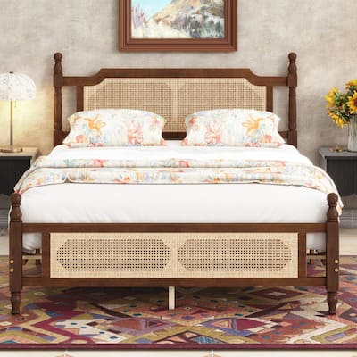 Pine wooden Bed with Rattan Headboard and Footboard