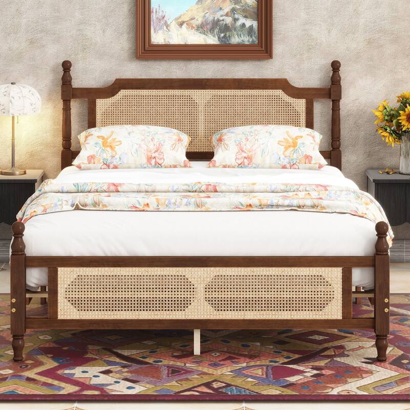 Solid Pinewood Storage Bed Frame, Queen/King Size Platform Bed with Rattan Headboard and Footboard, Spherical Head Bedposts