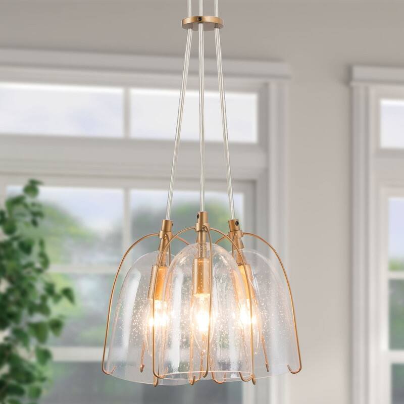 Modern Gold Pendant Light Fixture with Seeded Glass Shades for Foyer and Kitchen Area