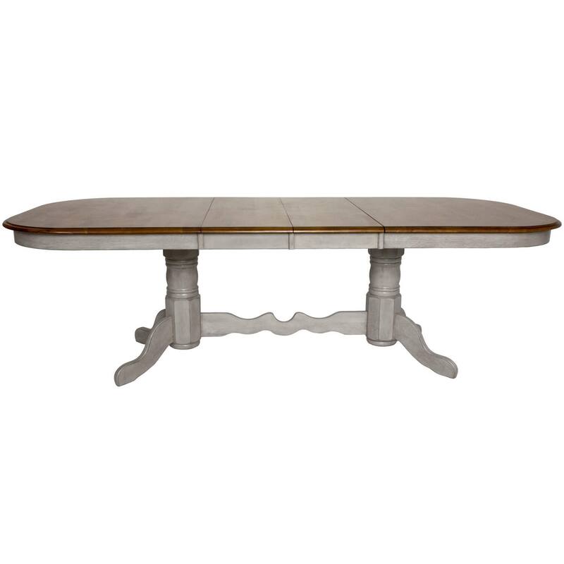 Extendable Dining Table Set - 7 Piece Oval Table with Pedestals - Seats 10 - Gray & Brown Wood Finish