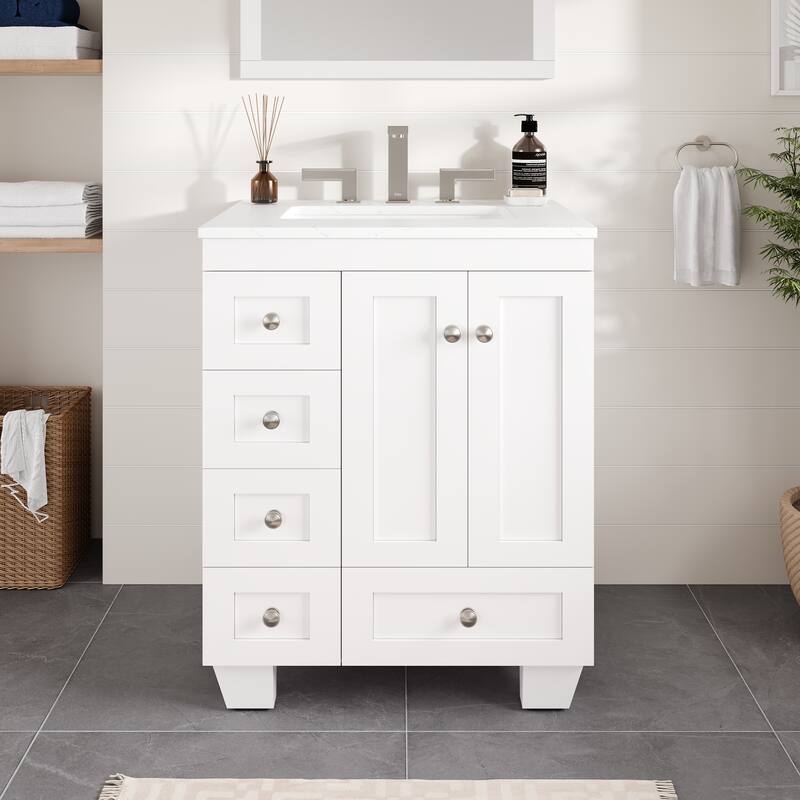 Eviva Acclaim Single Sink Bath Vanity with Carrara Quartz Top and Undermount Porcelain Sink - 26" - White