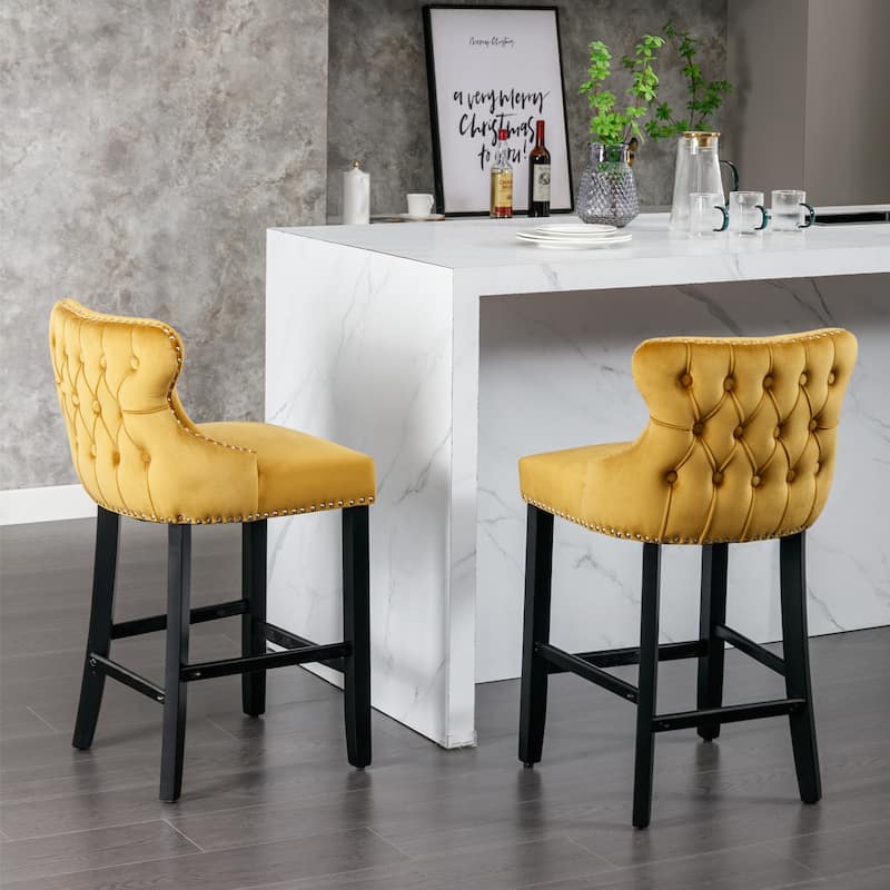 Nailhead Trim Velvet Bar Stools, Tufted Button Wingback Dining Chair, Wooden Legs Counter High Bar Chair, Set of 2