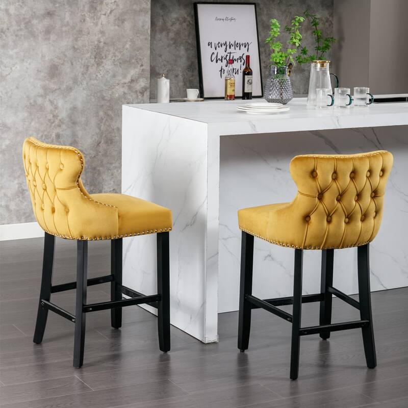 Versatile Accent Bar Chairs Set Velvet Upholstered Wing Back Barstools with Button Tufted and Wooden Legs, Set of 2