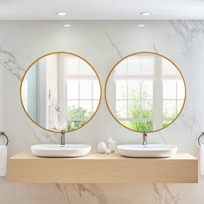 Wall Round Mirror 30'' Modern Brushed Metal Frame Wall-Mounted