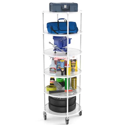 6-layer circular shelf with wheels,White/Black/Silver - 6 Tier