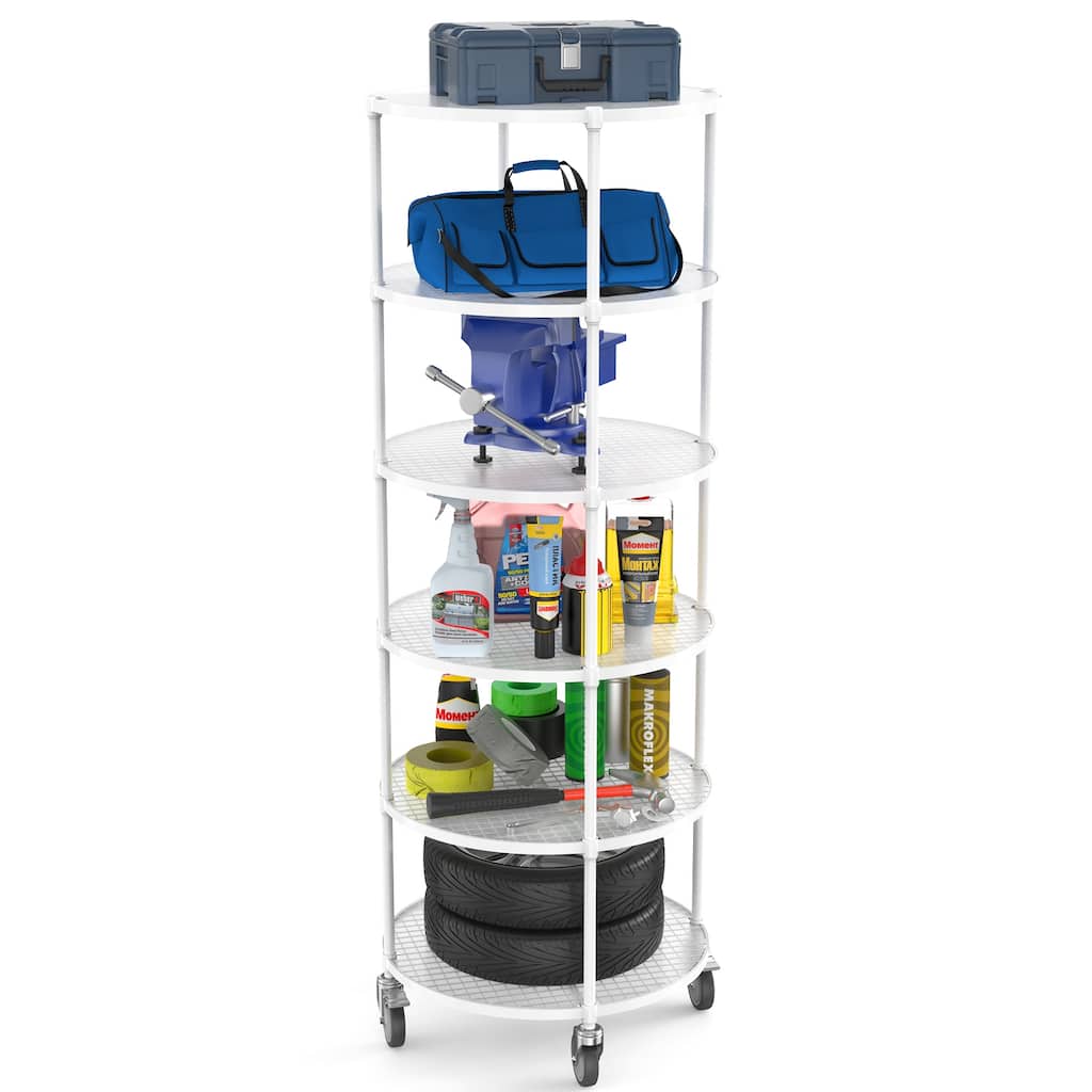 6-layer circular shelf with wheels,White/Black/Silver - 6 Tier