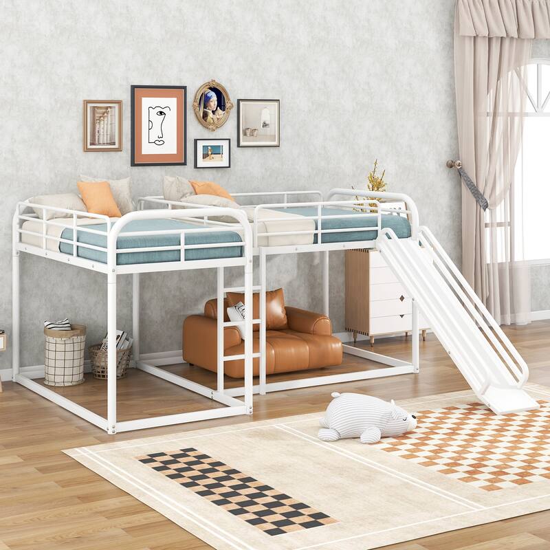 Full and Twin Size L-Shaped Bunk Bed with Slide & Ladder for 4 Kids - White - Full