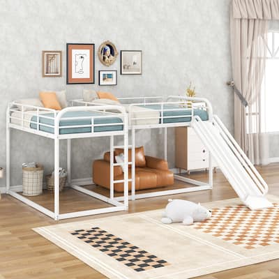 L-Shaped Full and Twin Bunk Bed with Slide and Ladder, Space-Saving Metal Frame