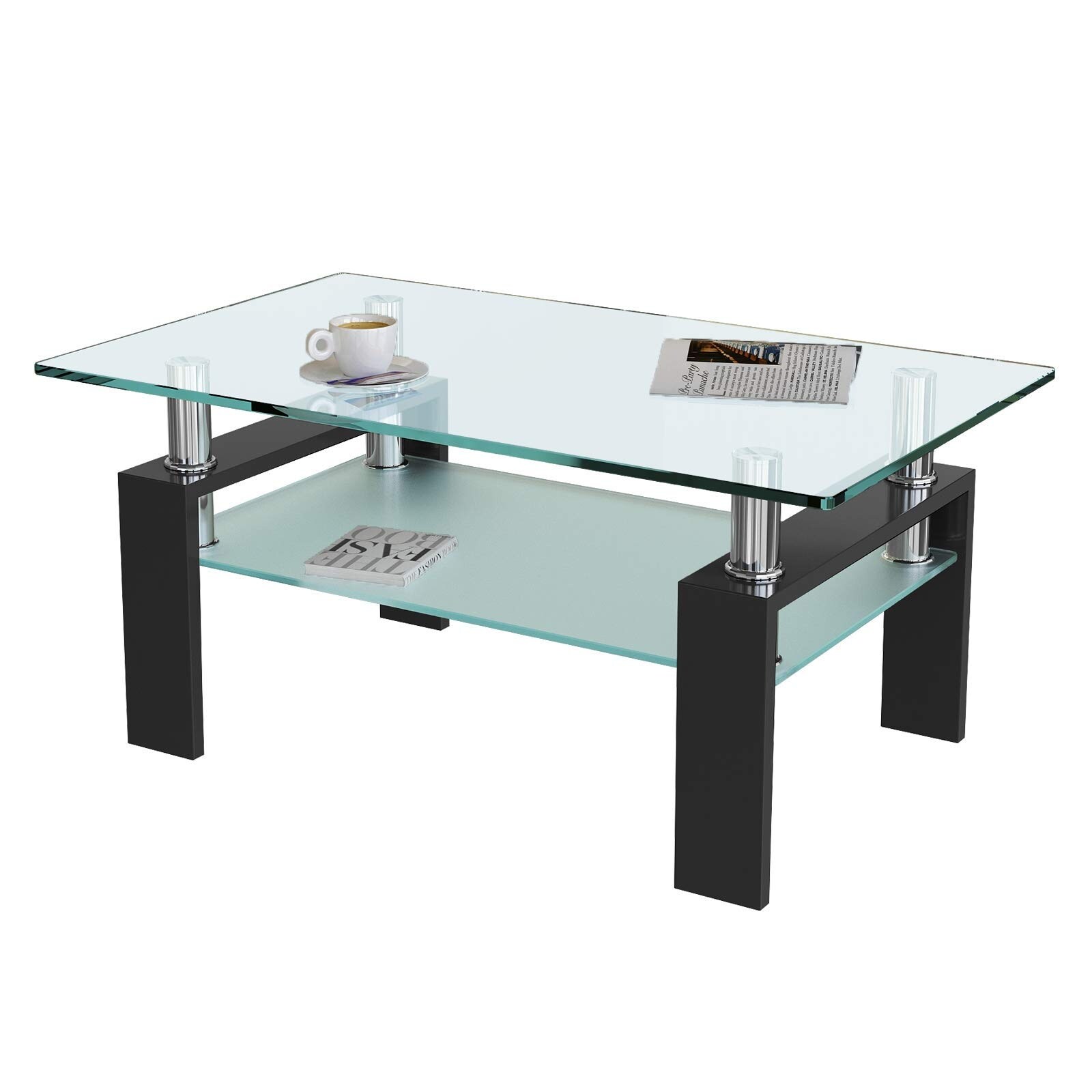 Glass coffee table with lower store shelf rectangle glass coffee table