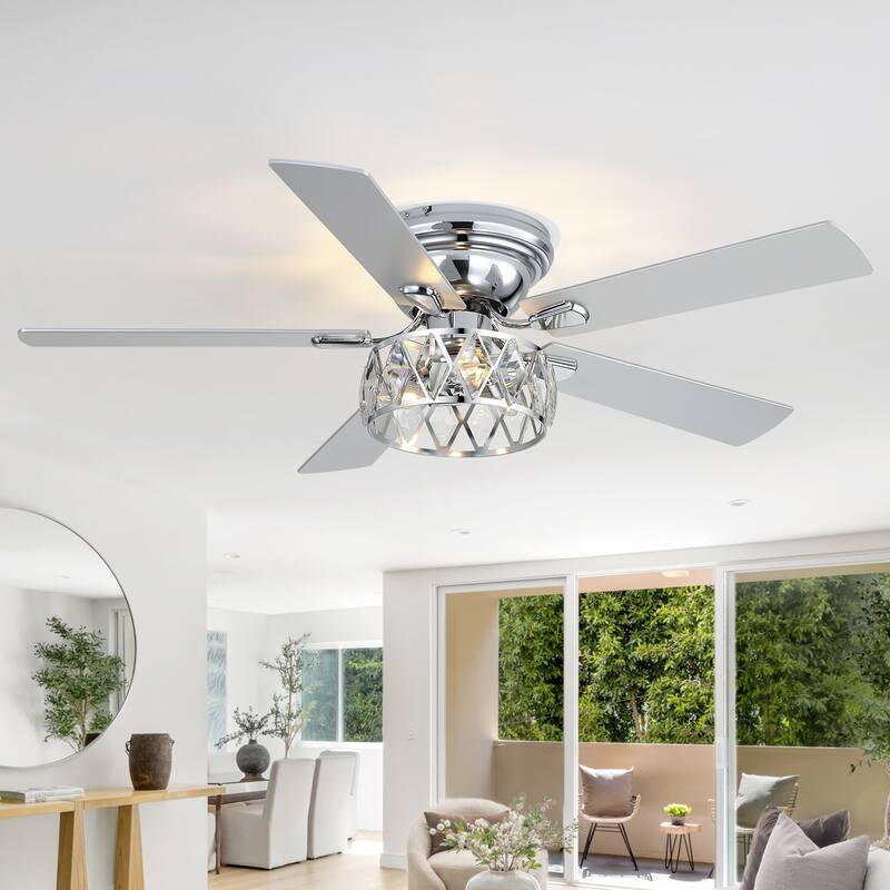 52" Flush Mount 5-Blade Modern Crystal Indoor Ceiling Fan with Light Kit and Remote
