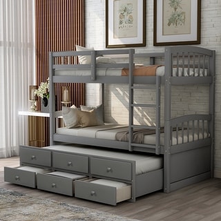 Solid Pinewood and Iiron Twin Bunk Bed with Ladder, Safety and 3-Drawer,Twin Trundle Bed with for Bedroom, Guestroom Furniture