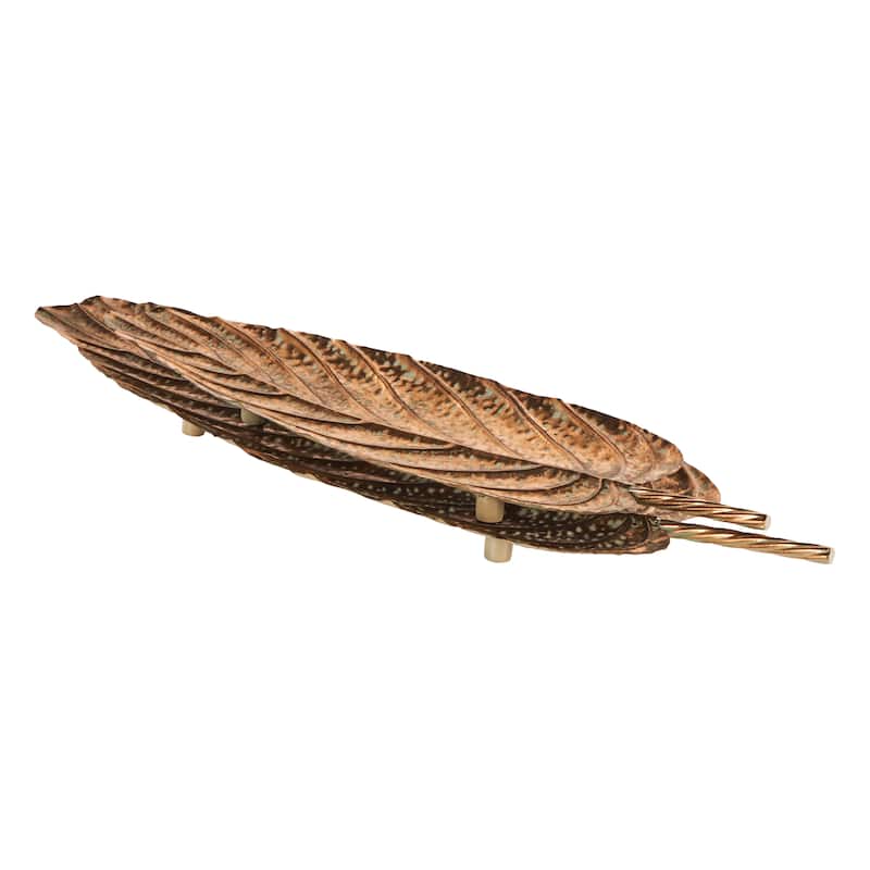 Copper Metal Textured Leaf Living Room Decor Tray with Patina Accents and Elevated Feet (Set of 2)