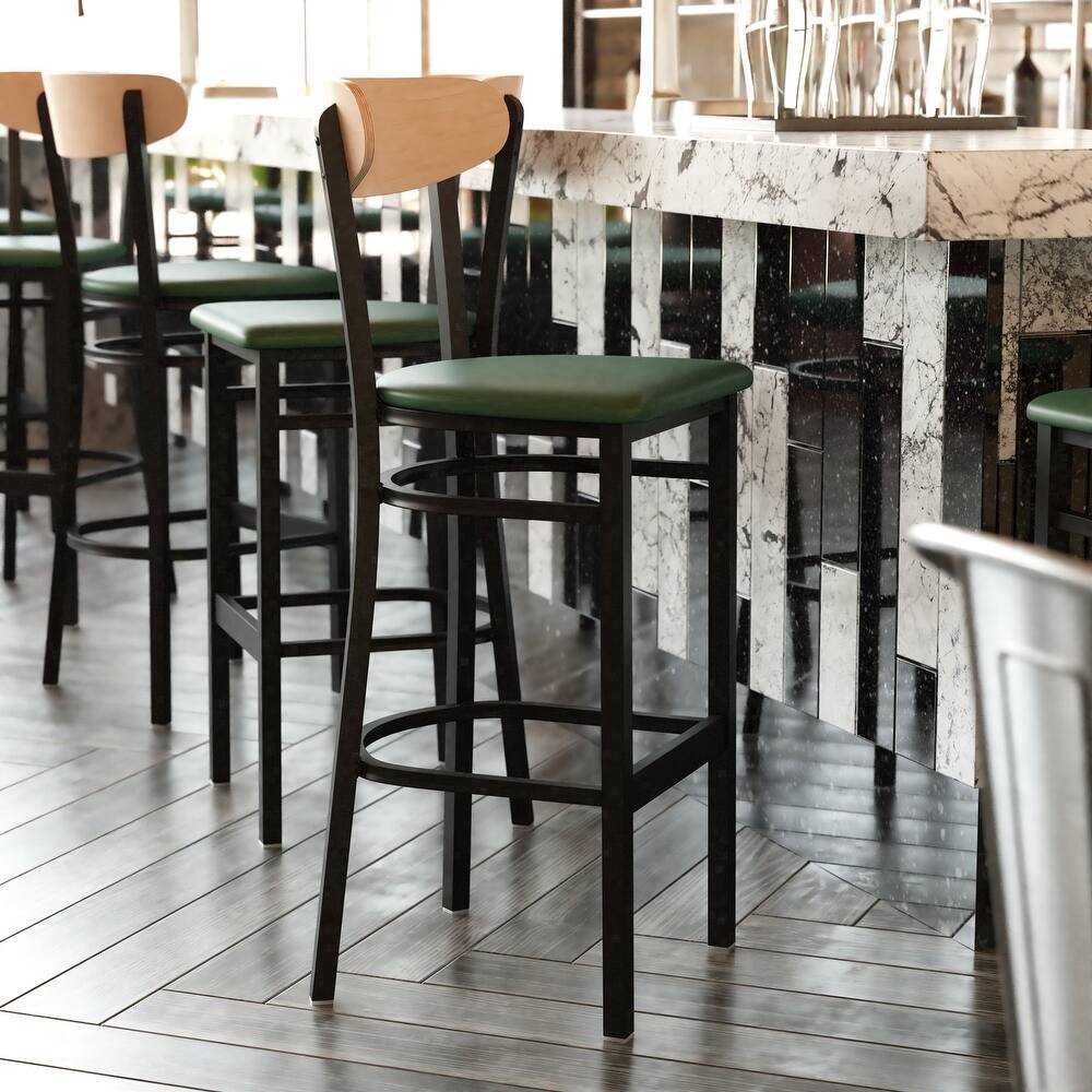 Commercial Metal Barstool with Wood Seat and Boomerang Back