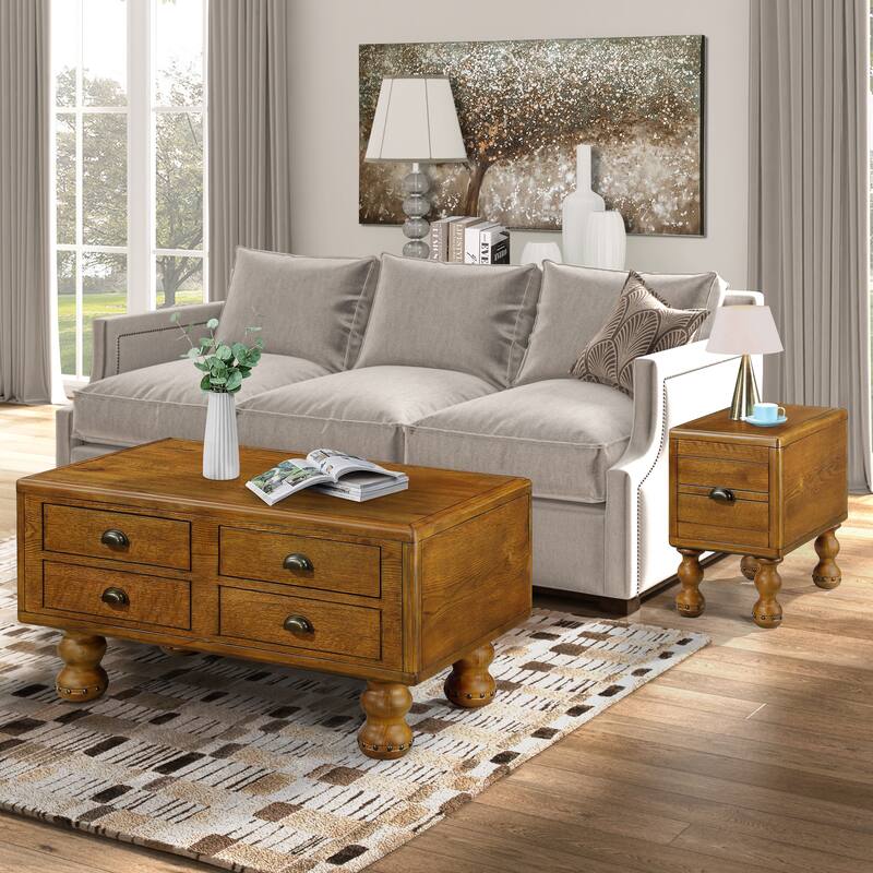 Antique Color Solid Wood Rectangle Coffee Table - Center Table with 4 Drawers