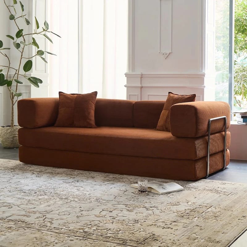 78.8"Convertible Floor Sofa Bed-with Pillow Back Support Armrest Floor Couch Compression Sofa Futon Couch Lounge Sleeper Bed - Dark Orange
