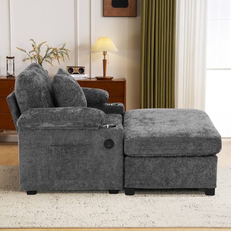 Modern 58" Oversized Chaise Lounger Armchair with Ottoman, Chenille Sleeper Sofa Couch with Charge Station & USB Ports