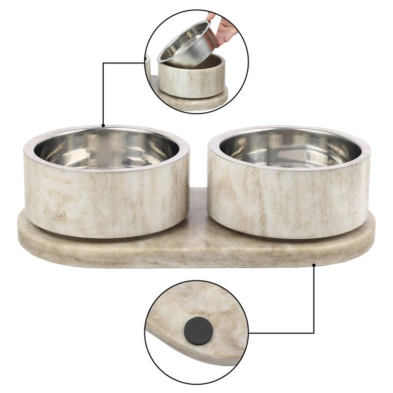 Marbre 12oz Double Pet Bowl Set - Marble & Stainless Steel with Non-Slip Tray