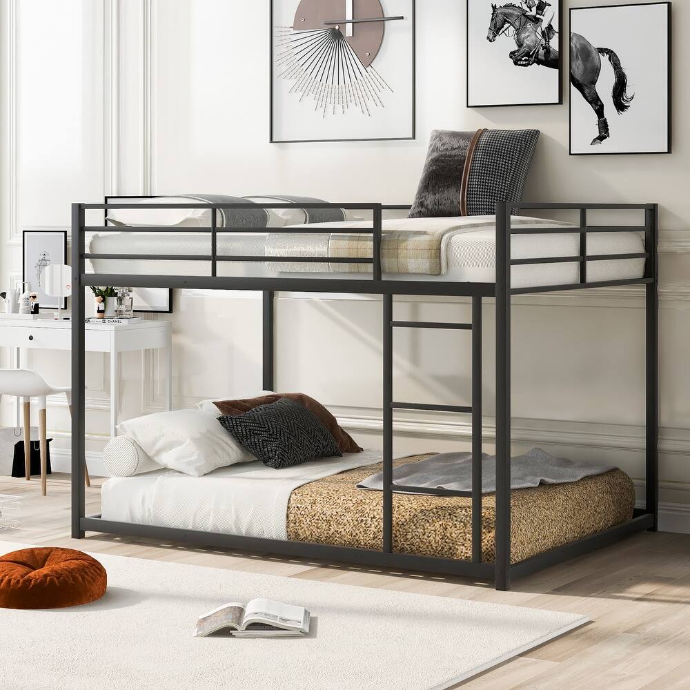 Metal Low Bunk Bed with Ladder and Fence for Kids, Boys and Girls, Bedroom