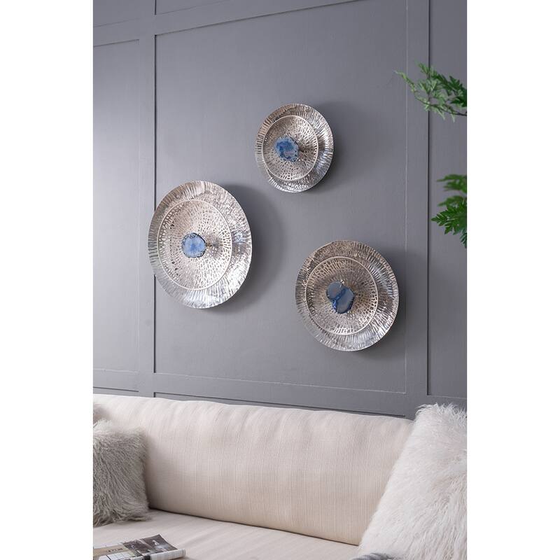 Set of 3, Modern Wall Decor Silver Textured Oversized Disc with Blue Agate, for Living Room Bedrrom Entryway Office - Multi-Color