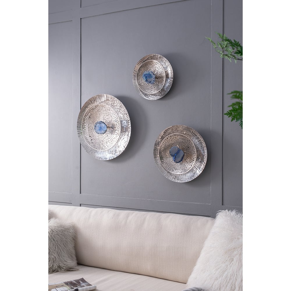 Set of 3, Modern Wall Decor Silver Textured Oversized Disc with Blue Agate, for Living Room Bedrrom Entryway Office