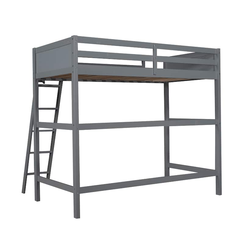 Modern Simple Style Twin Size Solid Pine Wood Loft Bed with Full Length Guardrail and Inclined Ladder