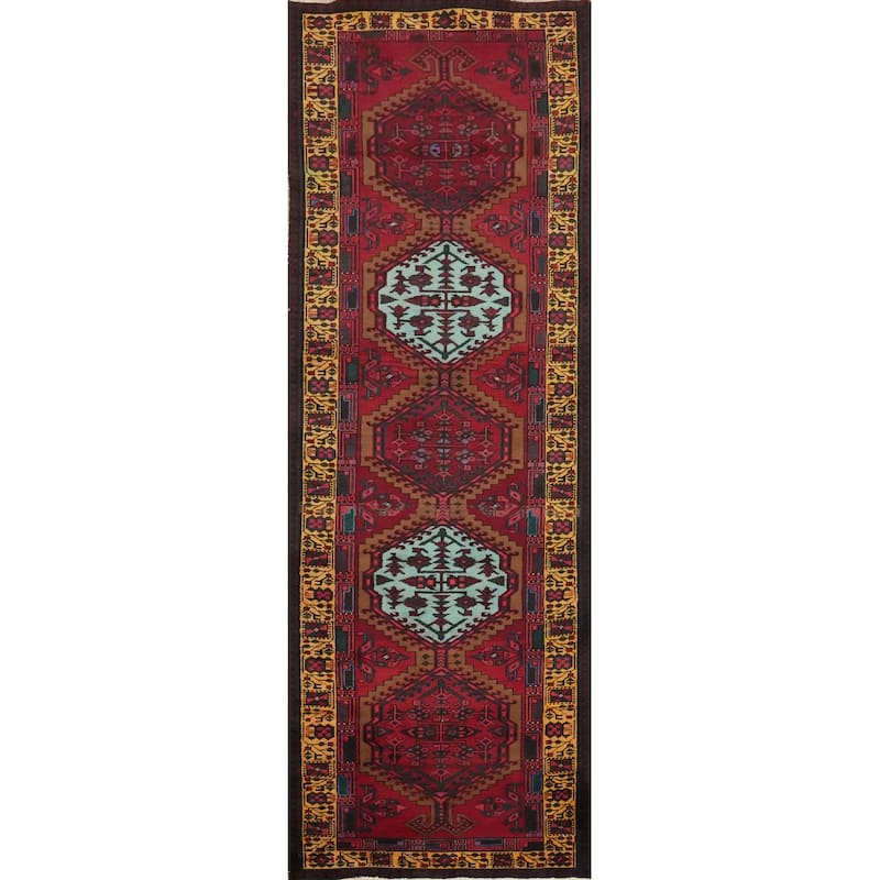 Hand Knotted Oriental 100% Wool Carpet Traditional Geometric Red Ardebil Runner Rug - 10' 6'' X 3' 2''
