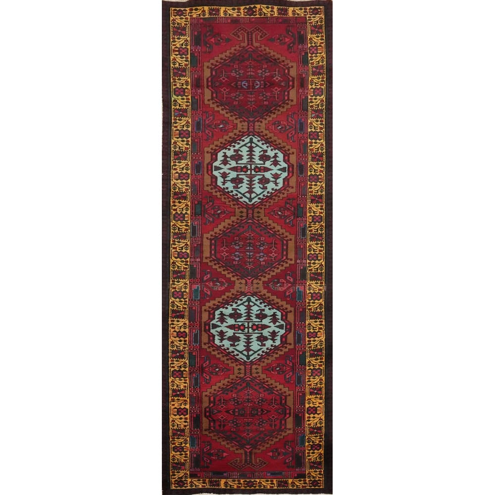 Hand Knotted Oriental 100% Wool Carpet Traditional Geometric Red Ardebil Runner Rug - 10' 6'' X 3' 2''