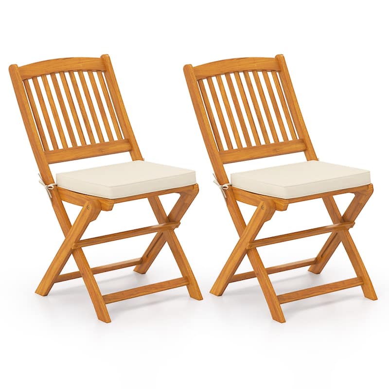 Set of 2 Acacia Wood Folding Chairs with Cushioned Seats for Outdoor Dining and Camping - 18.5" x 23.5" x 33.5" - Beige