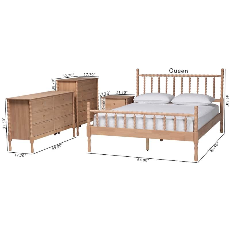 Laurent Bamboo-Style 4-Piece Bedroom Set - Spindle Platform Bed with Matching Dresser, Chest, and Nightstand, Queen