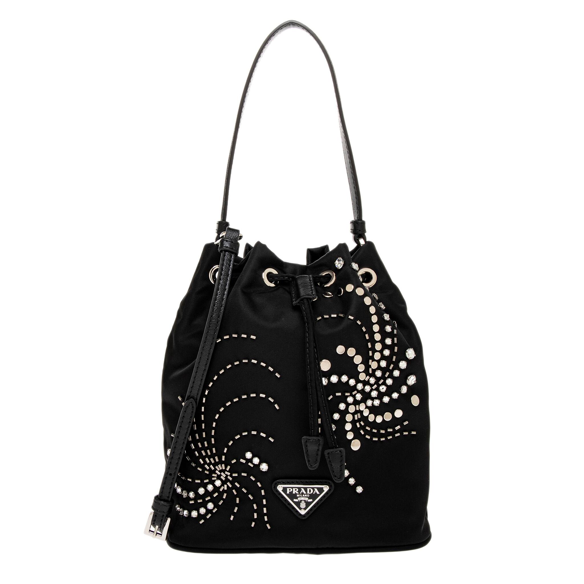 Prada Re-nylon Embroidered Bucket Bag with Detachable Strap