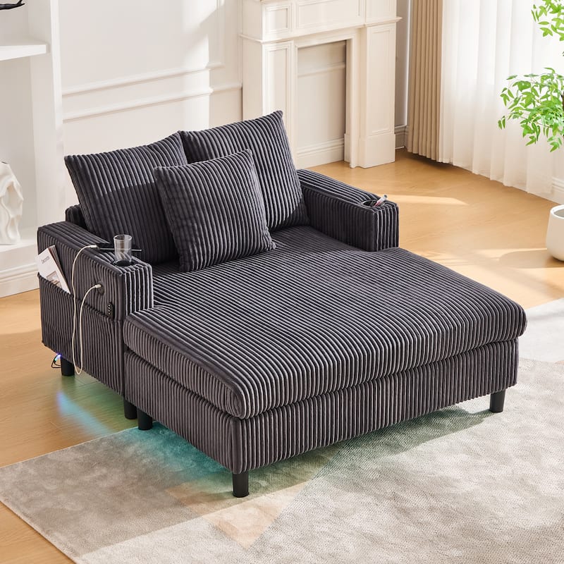 Corduroy Recliner Sofa - Oversized Deep Seat with USB, RGB Lights, Cup Holder & Side Pocket - Living Room, Bedroom - Grey