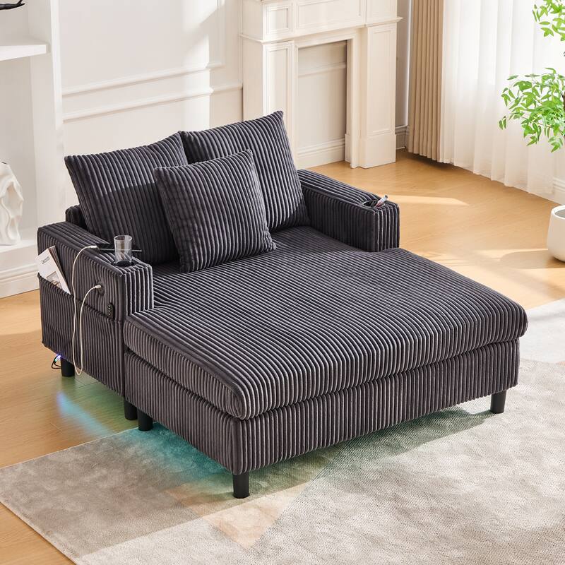 HOMEFUN Corduroy Upholstered Oversized RGB LED Light Recliner Sofa Bed with Cup Holder,USB&3 Pillows - Dark Grey