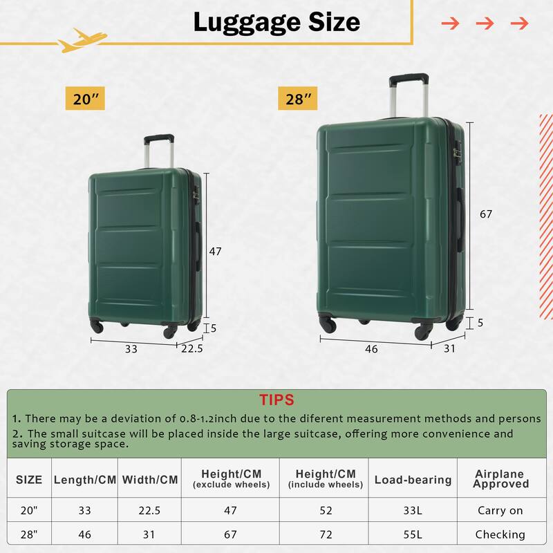 2-Piece, Modern Luggage Sets, Expandable Luggage with 360-Degree Swivel Wheels and TSA lock, for Boarding Travel, Green