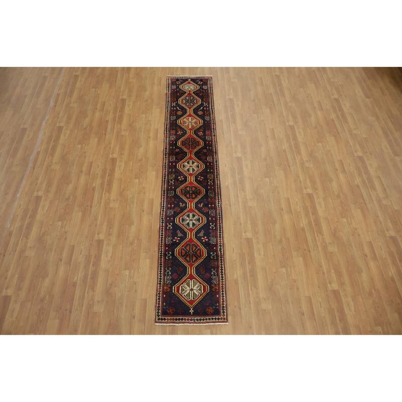 Hand Knotted Oriental 100% Wool Carpet Traditional Tribal Navy Blue & Blues Balouch Runner Rug - 10' 6'' X 1' 11''