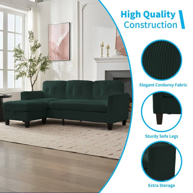 Mixoy 76'' L-Shaped Small Sofa Couch,3-Seater Corduroy Sectional Sofa with Storage Ottoman