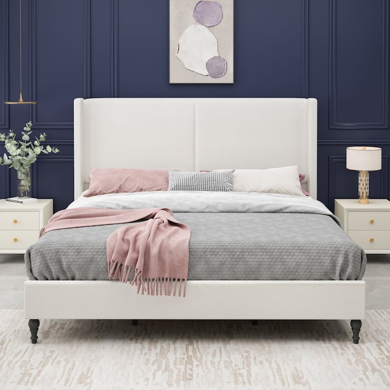 Boucle Upholstered Platform Bed with 55.5" High Wingback Headboard, Slats Support, Solid Wood Feet and Optional King or Queen - White - King