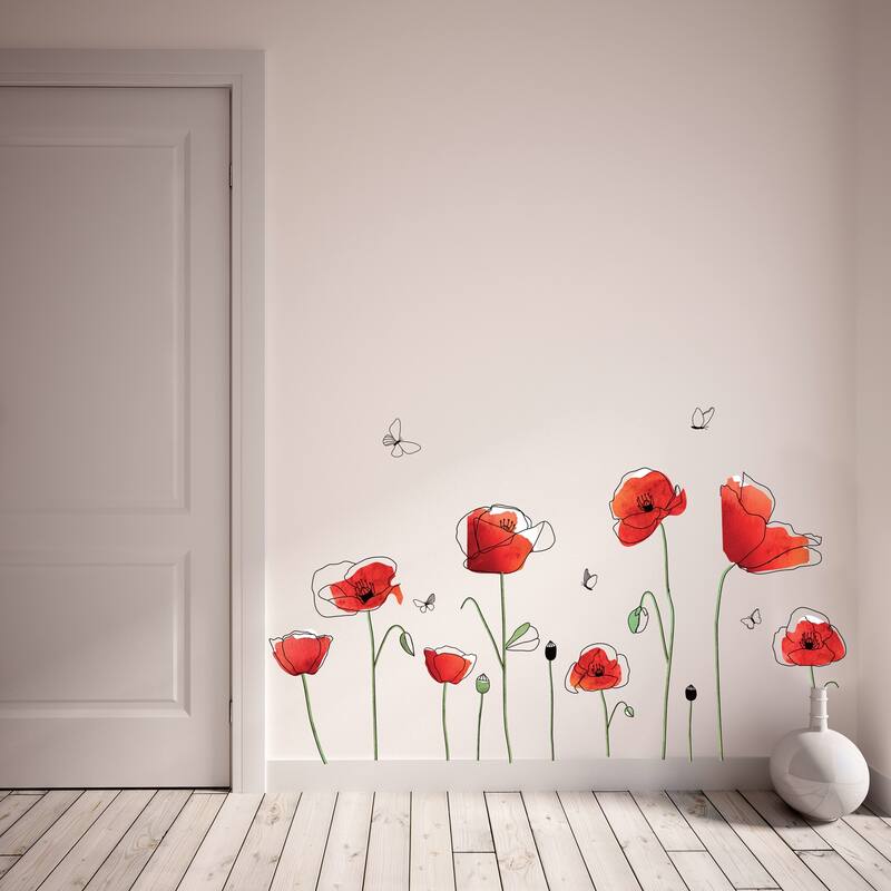 Walplus Poppy Flower Butterfly Wall Sticker Decal Wall Art Home Decor