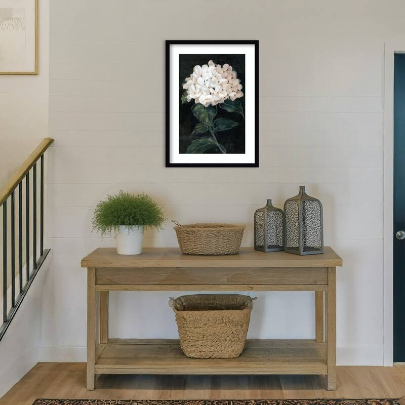 White Blossoms on Dark Canvas No. 1 by Alex Black Wood Framed Wall Art Print