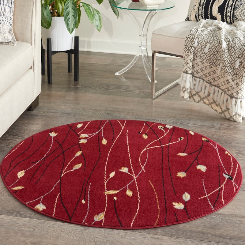 Nourison Grafix Floral Botanical Transitional Area Rug - 4' Round - Red