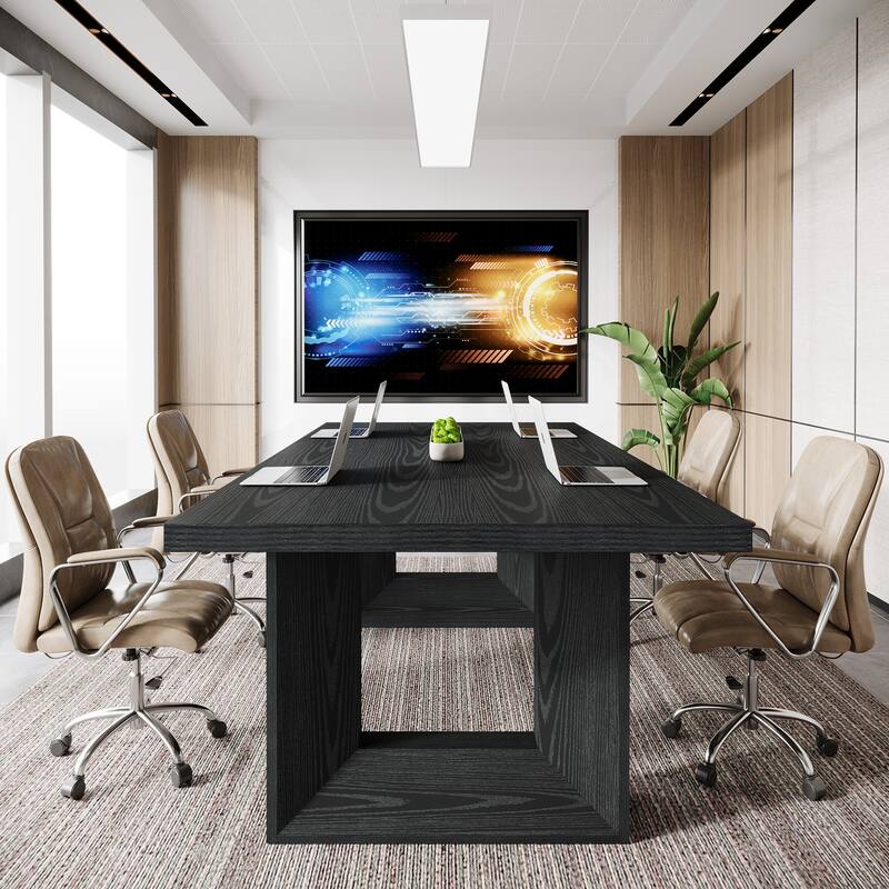 63'' Conference Table with Geometric Base, Home Office Computer Executive Desk - Black
