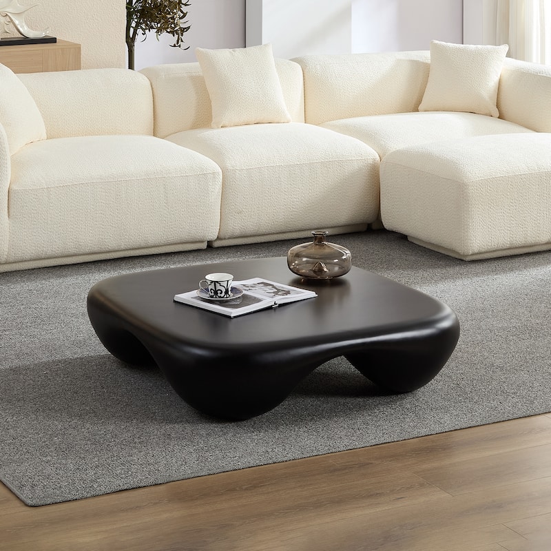 Low Height Profile Rounded Lines Square Shape Coffee Table with Arc-shaped Depression, End Table for Different Scenarios