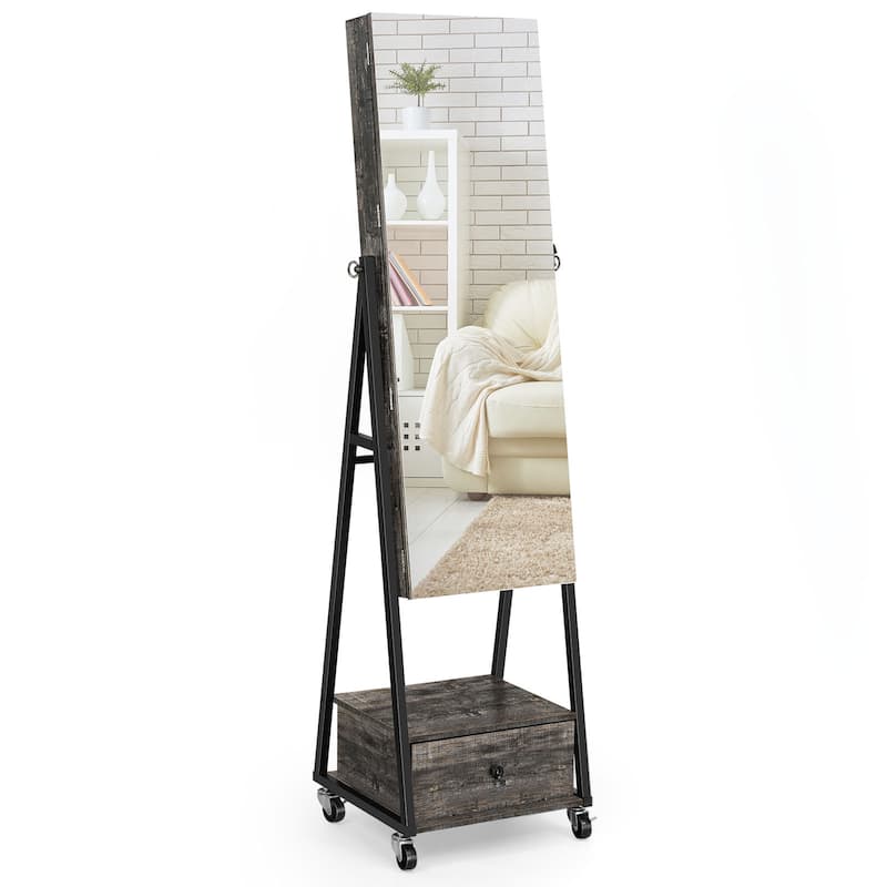 Mirror Jewelry Armoire Cabinet with Drawer - Grey