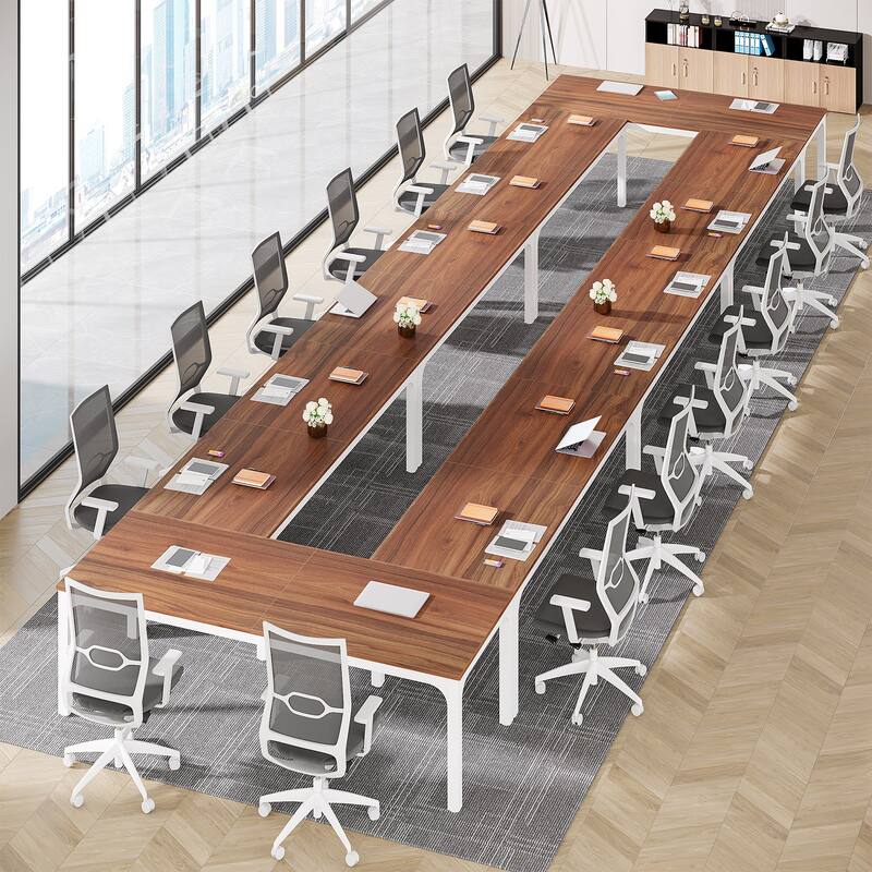78.74-Inch Conference Table Set,13FT Conference Room Table, Large Rectangle Meeting Seminar Tables Set,Long Business Tables - BrownWhitex8